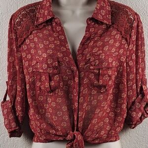 American Rag Cie Boho Floral Mesh Crochet Shoulder Tie Front Blouse Size M